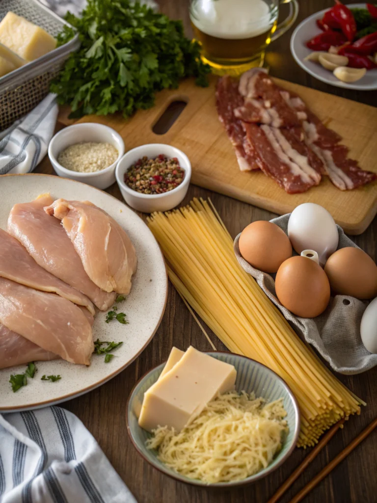 chicken carbonara recipe served with creamy pasta