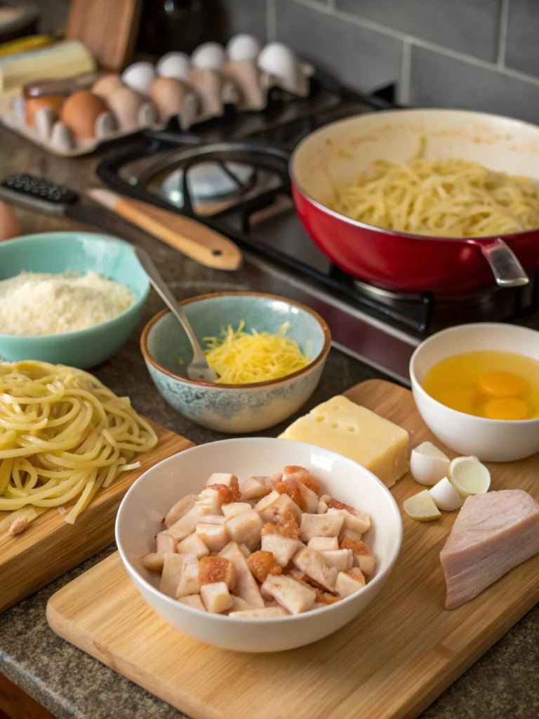 chicken carbonara recipe served with creamy pasta